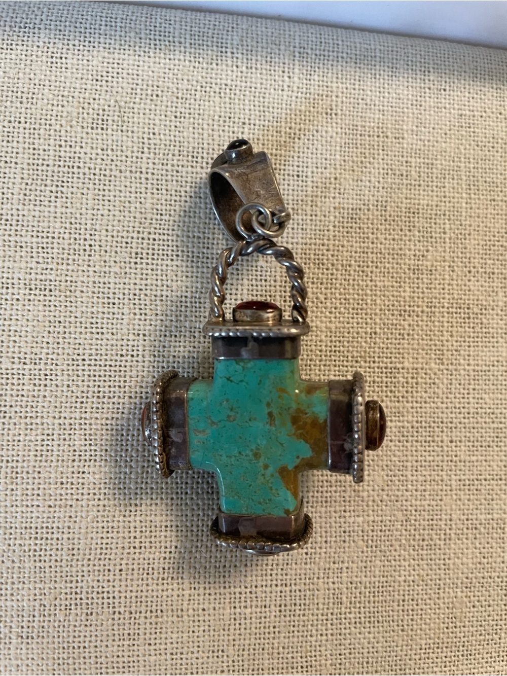 LARGE Reversible Sterling Silver, Turquoise, and Amber Cross Pendant - Picture 12 of 12